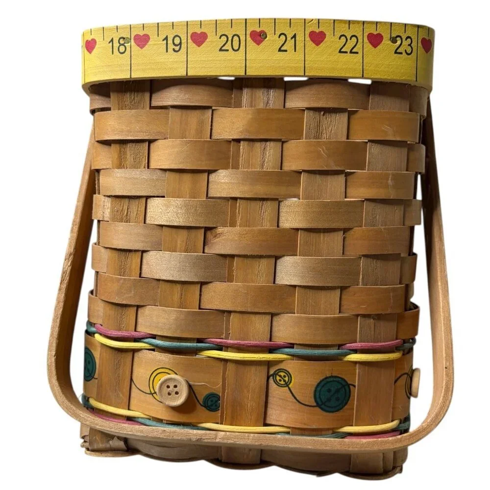 Vintage Primitive Wooden Sewing Basket Woven Wood Slat Ruler Spools Buttons